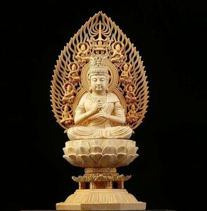 ●極美品●仏教美術 精密彫刻 仏像 手彫り 木彫仏像 大日如来座像 高さ約28cm