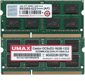 【DDR3 8GBx2枚 合計16GB ノートPC用】＜動作確認済＞Transcend / UMAX DDR3-1333 (PC3-10600S)【中古】H150