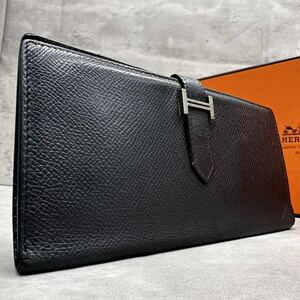 1円■最高級■ エルメス HERMES ベアン ヴォーエプソン 長財布 ウォレット H金具 sv金具 メンズ レディース レザー 黒 ブラック