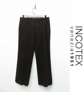 M215/ INCOTEX スラックス パンツ ストライプ ノータック 裾シングル ウール 42 L~XL ダークブラウン イタリア製