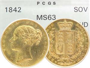 1842年 MS63 ソブリン 金貨 ヴィクトリア女王 イギリス 英国 PCGS 鑑定 未使用 UNC グリーンラベル 紋章盾図 ファースト