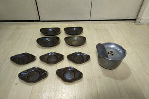 茶道具　まとめて　萬壽堂造茶こぼし　錫製407g　・茶箕　純銅製　・茶托 計9枚　真鍮製