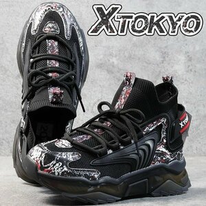 X TOKYO 厚底 スニーカー メンズ ニットスニーカー ソックススニーカー スリッポン ハイカット 靴 3651 ブラック 25.5cm / 新品