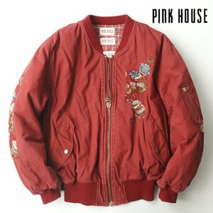 美品 PINK HOUSE ピンクハウス ユーズドコットン 顔料プリント ゼッケンブルゾン フライトジャケット JP：M 中綿入り【定価￥43,000-】-