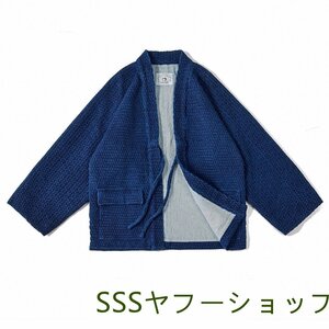 手作り 藍染め カバーオール 綿100% 羽織 ワークジャケット ゆったり 半纏 法被 褞袍 インディゴ 薄手 M