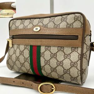 1円 GUCCI オールドグッチ アクセコ ショルダーバッグ GGスプリーム シェリーライン PVC インターロッキング レザー 革 斜め掛け ブラウン