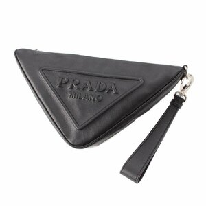 【プラダ】Prada　メンズ トライアングル ロゴ レザー クラッチバッグ ポーチ 1NE039 ブラック 【中古】【正規品保証】204497