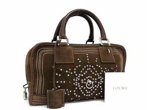 1円 ■美品■ LOEWE ロエベ アナグラム アマソナ28 スエード×レザー ラインストーン ハンドバッグ トート レディース ブラウン系 AY1610