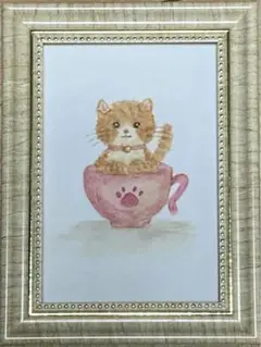 ハンドメイド 手書き 水彩画 「猫とマグカップ」