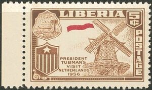 外国切手　リベリア　未使用　1958年　タブマン大統領訪欧　オランダ　青印刷モレエラー