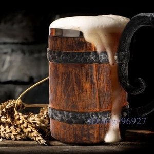 O998★新品ビールジョッキ アニメ風 海賊風 500ml 樽型 二重壁断熱 木材
