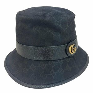 ■ 1円 ～ 現行 正規 参定6.3万 ■ グッチ GUCCI ■ ダブルG付き GGキャンバス バケットハット ■ S 57cm 576587 4HG53 ブラック ゴールド