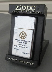 ☆クリックポスト￥185☆ZIPPO ジッポ スリム 1969年製造 筆記体ボトム VWマーク入り フォルクスワーゲン オイルライター J.A. WASSON