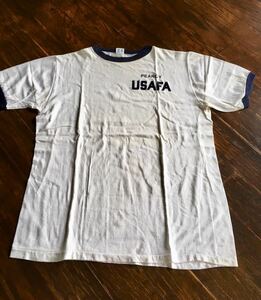 希少 80s ＵＳＡＦＡ チャンピオン 染み込みプリント リンガー Tシャツ トリコタグ size Lビンテージ 軍物 vintage ランタグ　us navy USMA