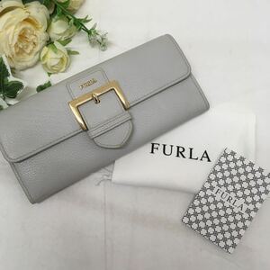 【522】フルラ　FURLA フラップ　レザー　長財布　ライトグレー