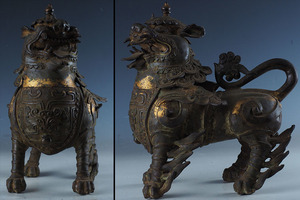 sm15 旧家初出 中国古玩 古銅 青銅器 獅子 尊 饕餮紋 唐物 高さ28cm