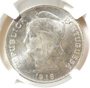 【美品】1916年 ポルトガル リバティ ヘッド【MS62】50センターボス CENTAVOS 銀貨 NGC アンティーク コイン 女神 50c Portugal