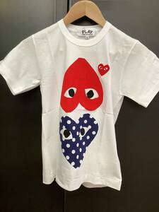 COMME des GARCONS PLAY Tシャツ　白×青ドット＆赤ハート２　Sサイズ