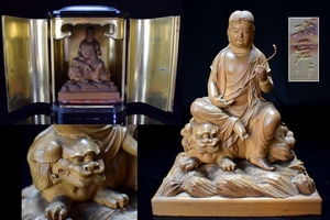 黄楊木 文殊菩薩像 彫刻【功正銘】仏像 置物 厨子入 仏教美術 木彫