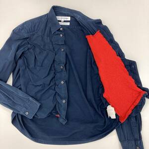 90s COMME des GARCONS SHIRT 縮絨 シャーリング 変形 長袖 シャツ ネイビー 紺 Sサイズ コムデギャルソンシャツ VINTAGE archive 3080655