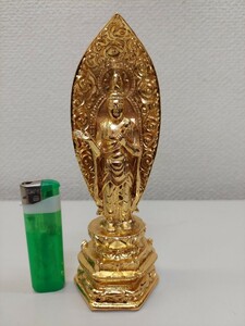 仏像　聖観音　金属製　金メッキ　六寸　総丈約１８cm　デッドストック　アウトレット　念持仏　供養　観音信仰　希少　アンチモニ