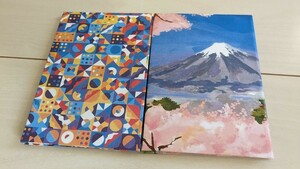 御朱印帳２冊セット小判サイズ　幾何学模様ブルー色系　富士山と五重塔桜柄