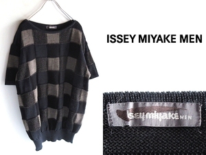 希少 80sビンテージ 筆タグ ISSEY MIYAKE MEN イッセイミヤケ メン パッチワーク 半袖 リネンコットンニット FREE 黒 紺 グレージュ 初期