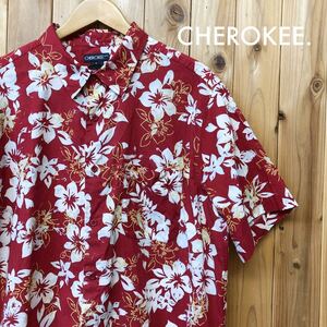 CHEROKEE.／チェロキー アロハシャツ メンズ L 半袖 コットンシャツ ハイビスカス 花柄 トップス ハワイアン リゾート 涼感 USA古着