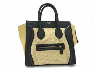 1円 CELINE セリーヌ ラゲージ ミニショッパー レザー×リネン ハンドバッグ トートバッグ レディース ベージュ系×ブラック系 BL0025