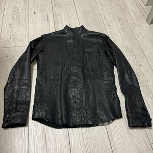 TAKEO KIKUCHI タケオキクチ　襟カットオフレザーシャツ　バンドカラー　サイズ2 ブラック