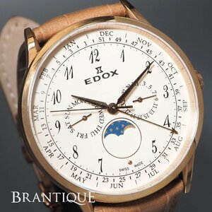 【電池交換済み】EDOX エドックス レ・ヴォベール Ref.40101 GP 革 QZ アイボリー文字盤 保 箱 付 メンズ 腕時計 「23833」