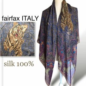 fairfax フェアファクス イタリア製 シルク100% ペイズリー アニマル 大判ストール 絹 レオパード スカーフ ショール ブラウン パープル