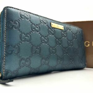 グッチ【極美品】GUCCI 長財布 ラウンドファスナー GGシマ ロゴプレート レザー 本革 ロングウォレット ジッパー メンズ レディース 箱付き