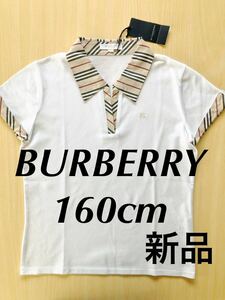 【送料無料】新品タグ付 BURBERRY LONDONバーバリー 150-160cm ホース刺繍 ストライプ襟 スキッパー鹿の子ポロシャツ レディースXSの方にも