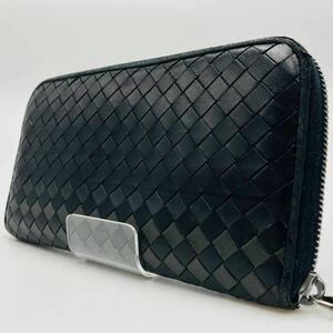 1円【極美品】BOTTEGA VENETA ボッテガヴェネタ イントレチャート 長財布 ラウンドファスナー ウォレット 本革 レザー 黒 ブラック メンズ