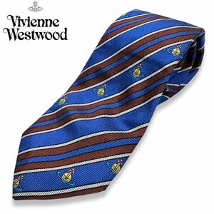 国内正規品■Vivienne Westwood (ヴィヴィアン ウエストウッド) オーブ 斜め ストライプ柄 ネクタイ 青 イタリア製 シルク SILK 100％