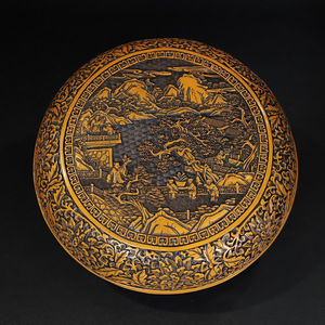▽鴻▽ 漆器漆彫 山水紋 圓盒 置物 古賞物 中国古玩 中国古美術