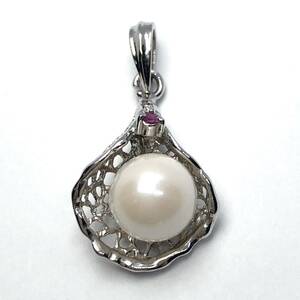 ペンダントトップ 真珠 シルバー jewelry ピンク石付き 網目模様 ヴィンテージ