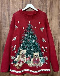 クリスマス セーター ニット くま テディベア 赤 刺繍 手刺繍 アグリー ヴィンテージ カラフル かわいい vintage used 古着/club723(N440)