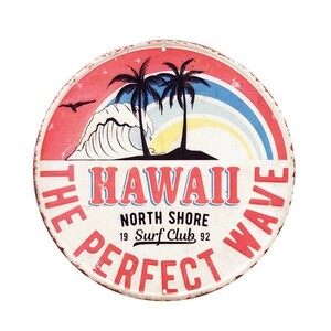 ハワイ HAWAII THE PERFECT WAVE ラウンド 円形 エンボス加工 レトロ調 金属製壁飾り メタルプレート アメリカン雑貨