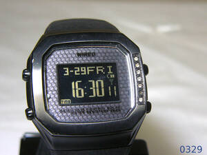 稼働品☆セイコーワイアード ソーラー電波腕時計 ラインストーン装飾 デジタルウォッチ ブラック ラバー W370-0AB0