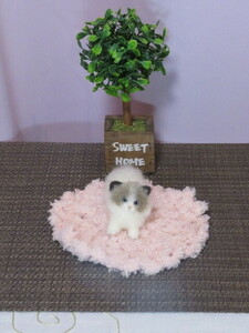 ★ chako ★ 羊毛フェルト　猫　　ミニチュア　ラグドール子猫　＆　手編みマット　２点セット