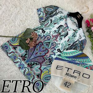 ETRO 新品未使用 エトロ レディース Lサイズ 半袖 Tシャツ カットソー ホワイト 緑 グリーン ペイズリー柄 ペイズリー 人気柄 柄物 送料込