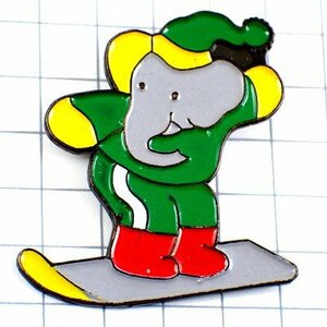 ピンバッジ・スノボする絵本ぞうのババール象キャラクター BABAR◆フランス限定ピンズ◆レアなヴィンテージものピンバッチ