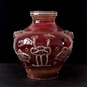 ◆古寳堂◆元 祭紅 魚藻紋 虎頭罐 古陶瓷品 極細工 古置物 古擺件 中国古美術 時代物 古董品
