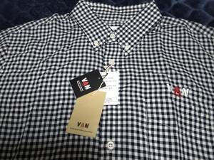 VAN JAC 　　半袖ギンガムチェック左胸ロゴ刺繍BDシャツ　ネイビー　L　　新品未使用　　アイビー　トラディショナル