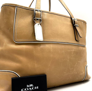 1円【定価10万・超高級品】COACH コーチ トートバッグ ビジネスバッグ ショルダー 希少色 ライトブラウン レザー メンズ レディース A4 PC