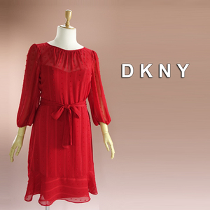 新品 DKNY 14/19号 ダナキャラン 赤 シフォン ワンピース パーティドレス 長袖 大きいサイズ 結婚式 二次会 披露宴 フォーマル 凛47E1403
