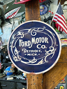 フォードモーターカンパニー　ラウンド型ブリキ看板（DETROIT） ■ アメリカン雑貨 アメリカ雑貨
