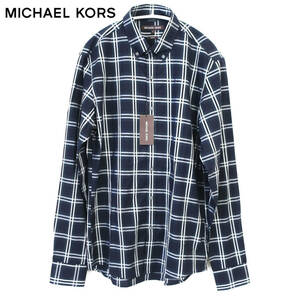 新品 未使用 MICHAEL KORS マイケルコース チェック ボタンダウンシャツ 長袖 トップス トレンド シャツ ネイビー メンズ Sサイズ